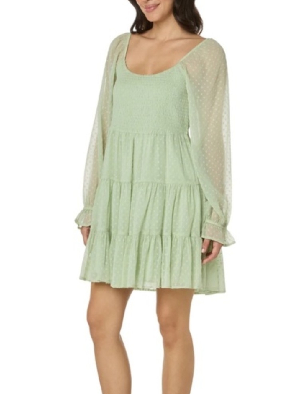 Patrons Of Peace Light Green Swiss Dot Tiered Mini Dress Size XS